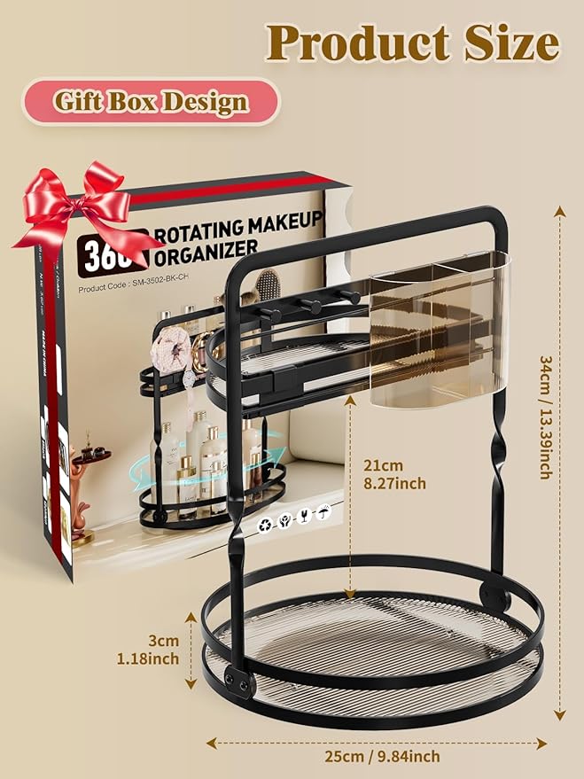 360 Rotating Makeup Organizer, Black Perfume Organizer for Dresser, 2-Tier Bathroom Countertop Organizer, Lazy Susan Skincare Storage, Spinning Vanity Tray with Jewelry Hooks & Brush Holder