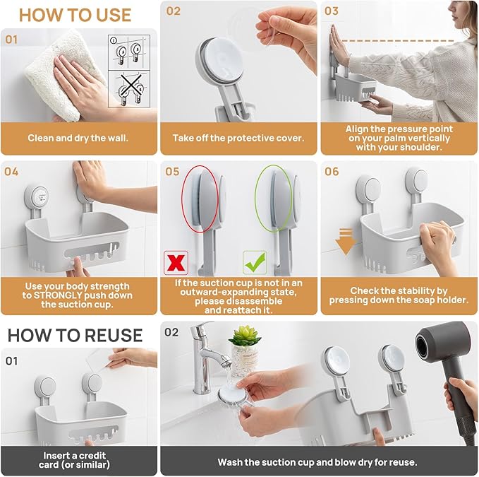 LEVERLOC Shower Caddy Suction Cup 2 Pack, Shower Organizer Removable Bathroom Shelf, Storage for Inside Shower Powerful Suction Max Hold 22lbs Waterproof Holder, Gray