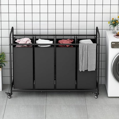 Laundry Sorter 4 Section Hamper Sorter with Heavy Duty Lockable Rolling Wheels Removable Bags Basket Separator for Dirty Clothes Storage,Black