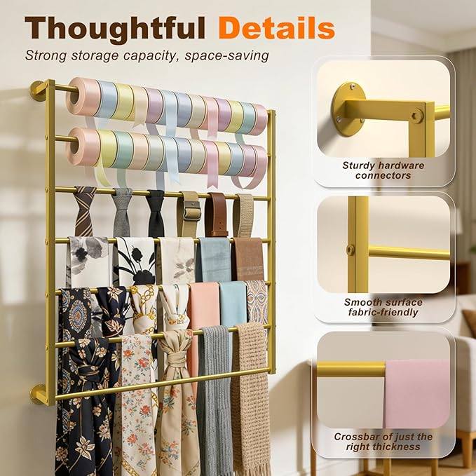 Wall Mounted Scarf Rack, Gold Silk Scarves Hijab Hanger Organizer Metal Racks Wrapping Tissue Paper Ribbon Holder Towels Storage Display for Flower Shop Retail Store (Gold, 7T-31.5×35.4IN)
