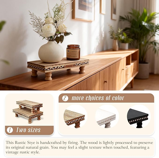 Wood Tray Pedestal Stand, Bathroom Counter Organizer, Modern Farmhouse Riser for Soap/Candle/Sponge Rustic Set （Middle+ Small