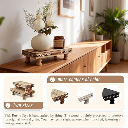 Wood Tray Pedestal Stand, Bathroom Counter Organizer, Modern Farmhouse Riser for Soap/Candle/Sponge Rustic Set （Middle+ Small