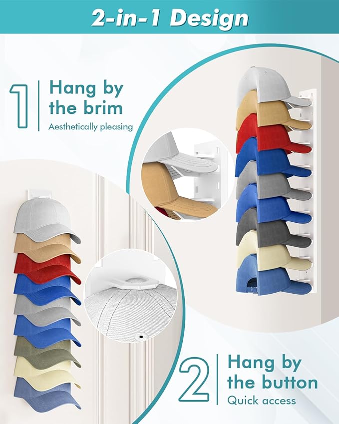 Hat Organizer for Baseball Caps (2-Pack), Strong Adhesive Hat Rack for Wall, Multi-layer Hat Hooks Storage for 18 Hats, Hat Holder Hanger for Door, Bedroom, Closet - White