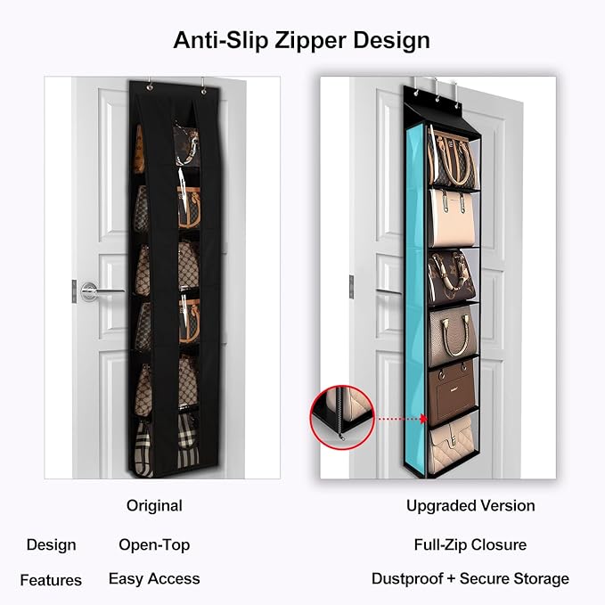 Lirex Over The Door Purse Organizer & Purse Shelf for Closet – Handbag Storage Organizer with Purse Hanger. Perfect for Scarves, Hats, and Leggings. L (15.7'' x 5.7'' x 68''), Black