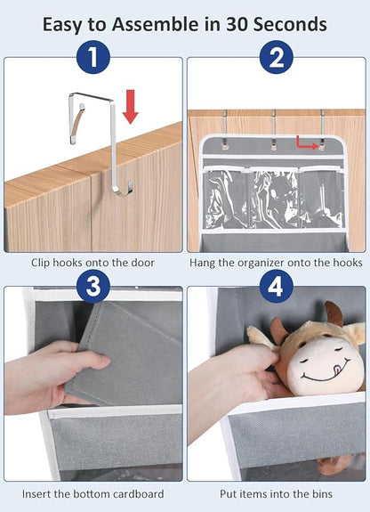 Over the Door Organizer Hanging Storage with 3 Clear Slip Pockets and 5 Large Pockets for Closet Door Organization - Heavy Duty for Bathroom, Pantry, Bedroom, Nursery