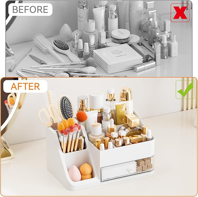 Yieach White Makeup Organizer Countertop,Large Cosmetics Storage Organizer for Make up Brush,Hair Products and Beauty Skincare Organizers,Plastic Makeup Holders and Organizers for Bathroom,Vanity,Desk