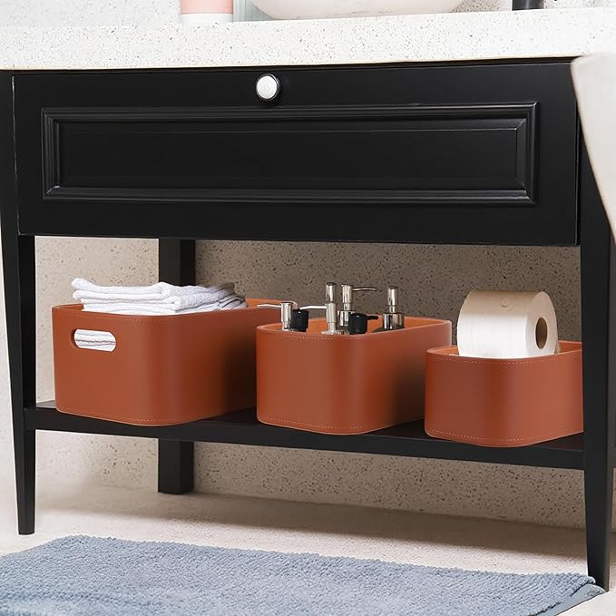 HofferRuffer Faux Leather Storage Baskets Bins with Velvet Lining for Organizing, Storage, Gifts, Set of 3 Nesting Shelf Baskets Decorative Storage Boxes for Home Organization (Brown)