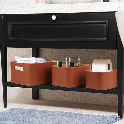 HofferRuffer Faux Leather Storage Baskets Bins with Velvet Lining for Organizing, Storage, Gifts, Set of 3 Nesting Shelf Baskets Decorative Storage Boxes for Home Organization (Brown)