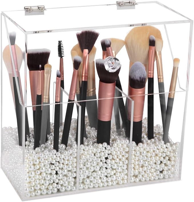 Vevitts Acrylic Makeup Brush Holder, Clear Cosmetic Storage Box with 3 Brush Holders, Dust Cover, Large-Capacity Split Design for Organizing Vanity Desk