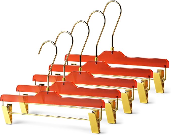 Acrylic Clip-Hangers Red for Pants, Skirts and Shorts with 360 Degree Silver/Golden Hook | Space Saving & Non-Slip | 5 Pack