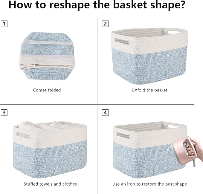 OIAHOMY 4 Pack Storage Baskets for Organizing, Basket for Shelves with Handle, Woven Baskets for Storage Toys, Towels, Books, Cotton Rope Basket 13" L x 9 " W x 7.8 " H, Light Blue & White