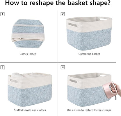 OIAHOMY 4 Pack Storage Baskets for Organizing, Basket for Shelves with Handle, Woven Baskets for Storage Toys, Towels, Books, Cotton Rope Basket 13" L x 9 " W x 7.8 " H, Light Blue & White