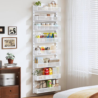 Pantry Door Organizers and Storage, 8-Tier Large Metal Heavy-Duty Frame Over the Door Spice Rack, 2 in 1 Wall-Mounted or Hanging shelf for Kitchen, Bathroom, Laundry Room, Bedroom, Closet &Nursery