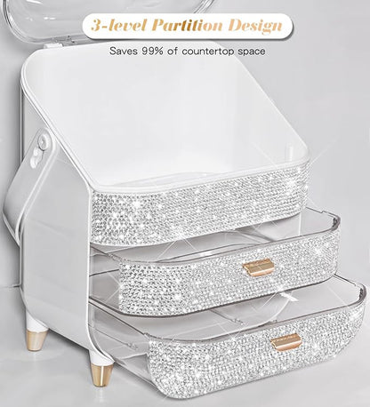 Bling Makeup Organizer Countertop, Sparkle Skincare Holder Organizer with Glitter Rhinestones, Storage Box Cosmetic Display Cases, Teen Girl Gifts Make up Organizers for Vanity, Dresser