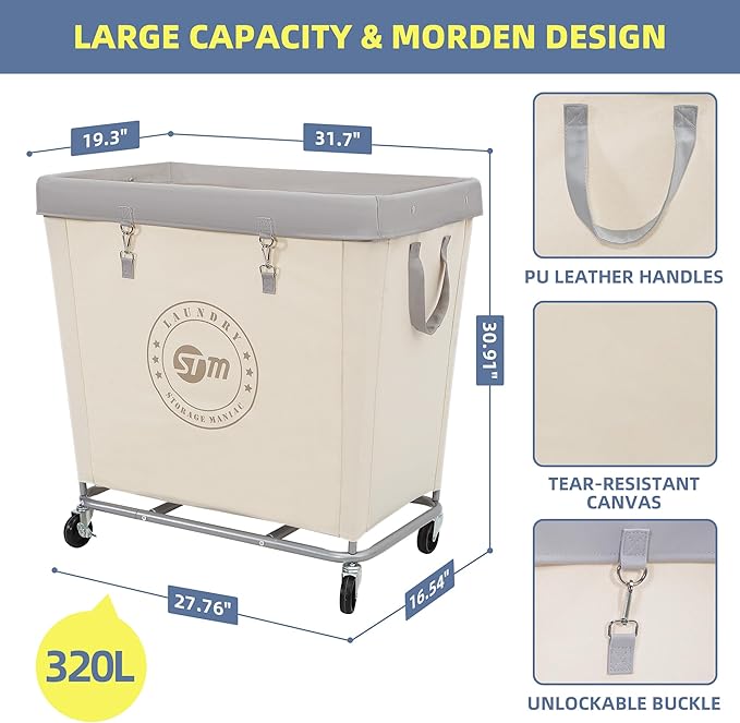 STORAGE MANIAC Commercial Laundry Hamper with Heavy Duty Steel Frame, 320 L Industrial Laundry Basket Cart with Wheels for Hotel, Home, Laundry Room, 31.7''L x 19.3''W x 30.91''H, Large Beige