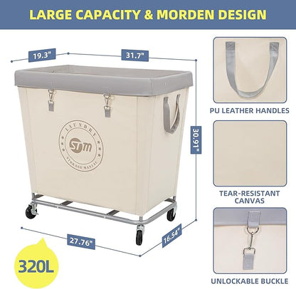 STORAGE MANIAC Commercial Laundry Hamper with Heavy Duty Steel Frame, 320 L Industrial Laundry Basket Cart with Wheels for Hotel, Home, Laundry Room, 31.7''L x 19.3''W x 30.91''H, Large Beige