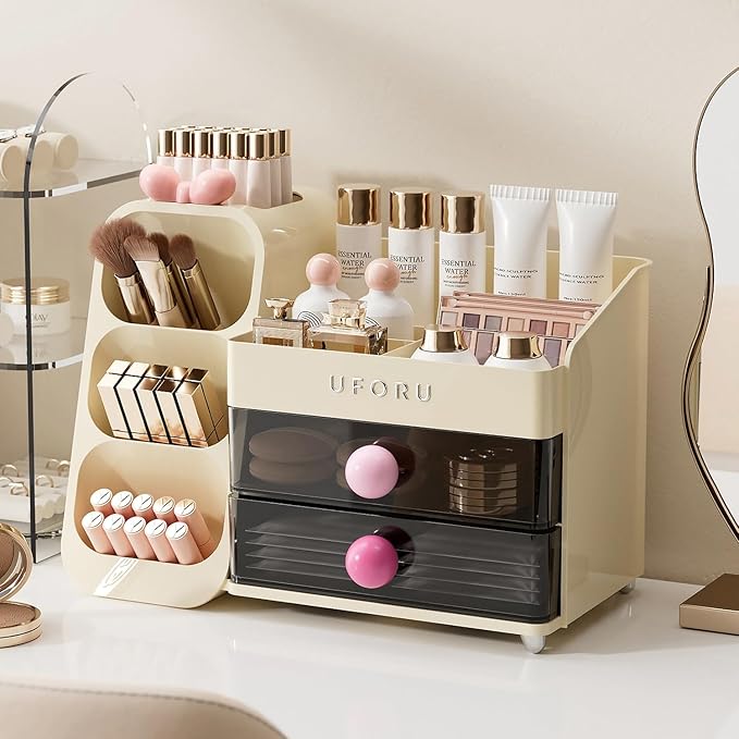 Makeup Organizer for Vanity with Brush Holder, Large Capacity Bathroom Countertop Skincare Organizer with 2 Drawers, Cosmetic Display Case for Perfumes, Eyeshadow Palettes, Nail Polishes