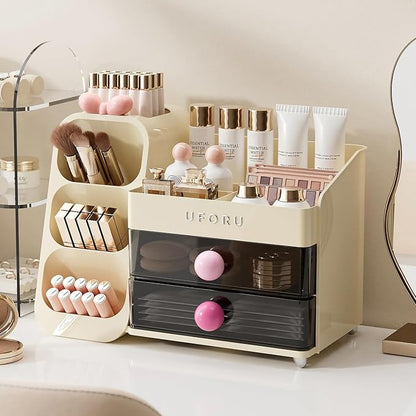 Makeup Organizer for Vanity with Brush Holder, Large Capacity Bathroom Countertop Skincare Organizer with 2 Drawers, Cosmetic Display Case for Perfumes, Eyeshadow Palettes, Nail Polishes