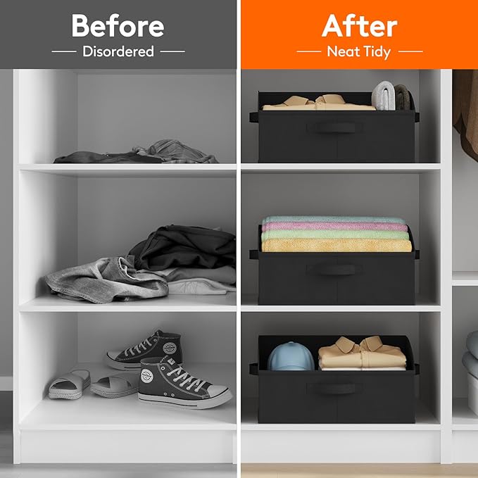 Lifewit Trapezoid Closet Storage Bins for Shelf, 6 Packs Non-woven Closet Organizer Baskets with Handles, Foldable Clothes Containers Boxes for Clothing, Book, Purse, 19L, Large, Black