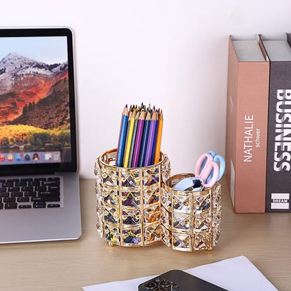 Hipiwe Makeup Brush Holder Gold Bling Crystal Makeup Brush Organizer Round Remote Control Holder Cosmetic Brush Tools Comb Pen Pencil Storage Pot Cup for Vanity, Office, Home Decor, 2-Slot