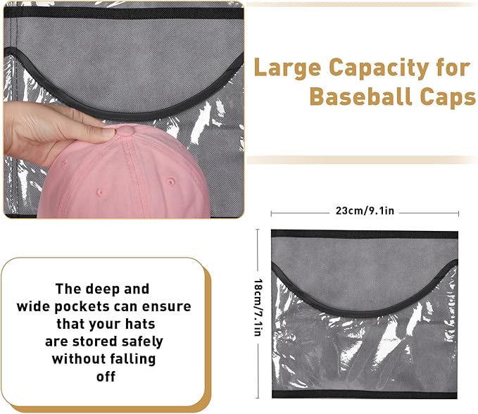 BiCINE Hat Rack for Baseball Caps, 24 Pocket Over The Door Hat Organizer Storage, Hat Holder for Door with 3 Hooks, Grey - 1 Pack