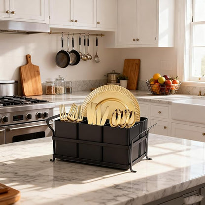 Silverware Caddy Metal Utensil Holder for Party Countertop Silverware Utensil Caddy Cutlery Flatware Organizer for Spoons Forks Plates Napkins Black