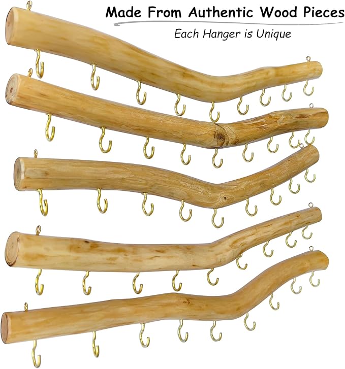 15.7-Inch Rustic Wood Wall Hanging Jewelry Organizer (Small Branch with 9 Metal Hooks)
