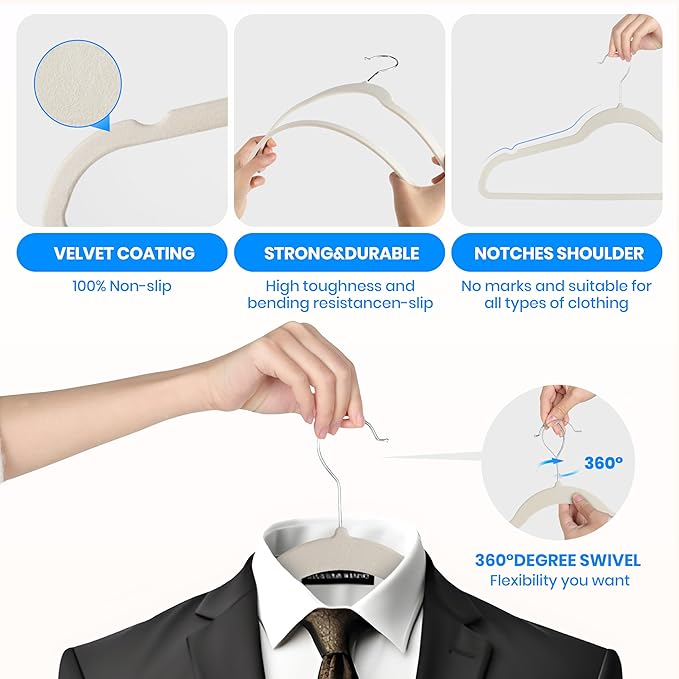 Simple Deluxe Velvet Hangers 30 Pack, Non-Slip Clothes Hangers with Shoulder Notches, 360° Swivel Hooks, Heavy Duty Coat Suit Hangers for Closet Space Saving, White