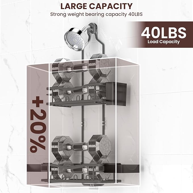 REINHARDT Shower Caddy Hanging, Rustproof Bathroom Caddy Anti-Swing Shower Organizer No Drilling Bath Racks with Soap Holder Multi Hooks Bathroom Storage for Shampoo Sponge, Grey