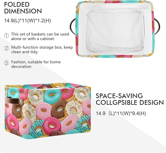 Donuts Storage Basket Bin, Large Cube Storage Box Canvas Collapsible Storage Organizer for Home Office Closet - 15 L x 11 W x 9.5 H