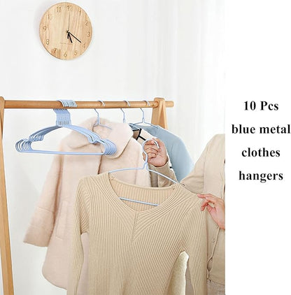 Sky Blue Wire Clothes Hangers - 10 Pack, Heavy Duty, Space Saving, Non Slip Coat Hangers for Suits, Shirts, Dresses & Trousers