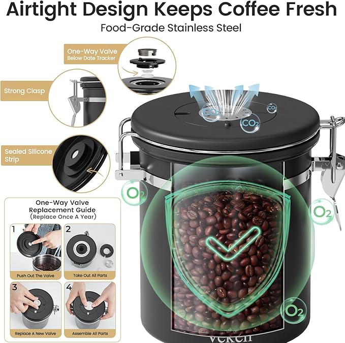 Veken Coffee Canister with Window, Family Choice Awards Winner, Airtight Stainless Steel Home Kitchen Food Storage Container with Lids for Grounds, Beans, Tea, Flour,Cereal,Sugar Jars,Scoop,16OZ,Black