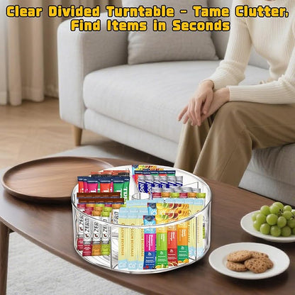 Clear Acrylic Drink Packet Organizer 11.7" x 11.7" x 4.5", 360° Rotating Carousel Lazy Susan Storage Bins Turntable 5-Compartment Dividers for Kitchen Fridge Pantry Powdered Drinks Water Snacks