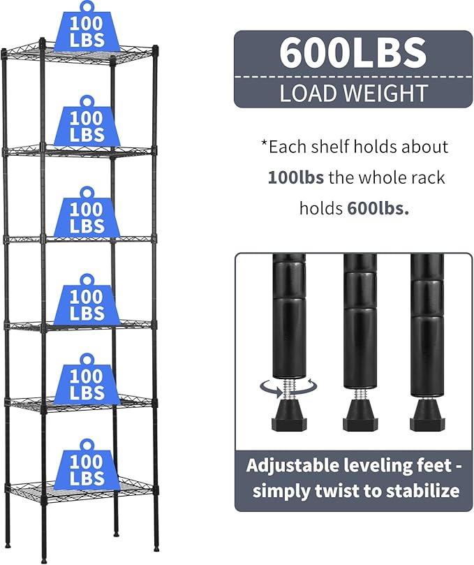 6-Shelf Wire Shelving Unit Adjustable Metal Shelving 600Lb Capacity Storage Shelves for Closet Kitchen Wire Rack Shelf Organizer for Small Space, 16.7D x 11.8W x 63H, Black
