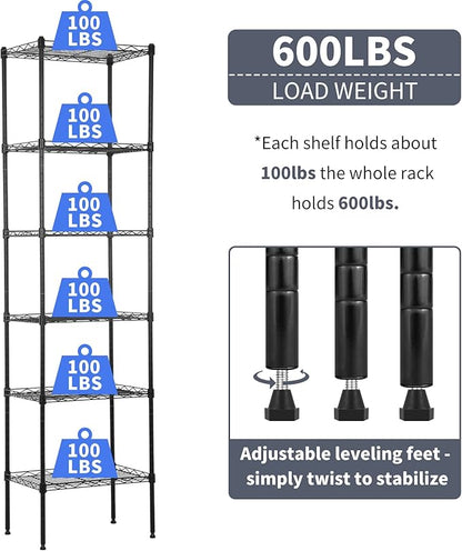 6-Shelf Wire Shelving Unit Adjustable Metal Shelving 600Lb Capacity Storage Shelves for Closet Kitchen Wire Rack Shelf Organizer for Small Space, 16.7D x 11.8W x 63H, Black