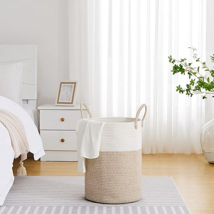 VIPOSCO Large Laundry Hamper, Tall Woven Rope Storage Basket for Blanket, Toys, Dirty Clothes in Living Room, Bathroom, Bedroom - 58L White & Brown