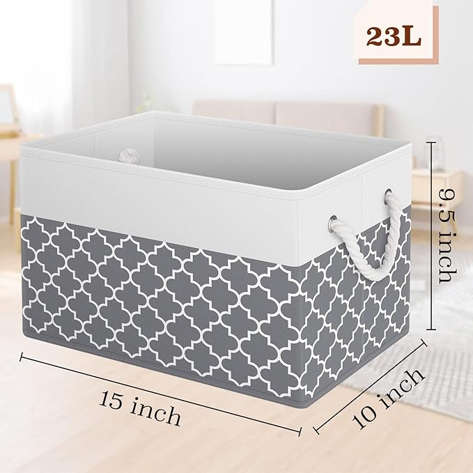 Fab totes Storage Bins 2-Pack, Foldable Storage Baskets for Organizing Toys, Books, Shelves, Closet, Large Storage Box with Rope Handles, Sturdy Organizer Bins,Clover Grey