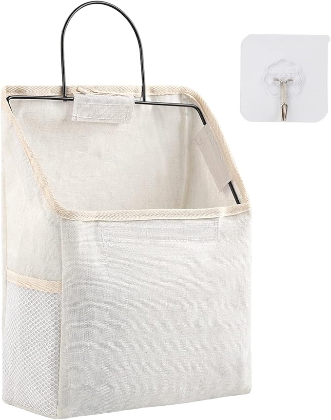 Surblue Wall Hanging Storage Bag with Sticky Hook, Closet Hanging Storage for Pocket, Bathroom Dormitory Organizer Bag, Linen Cotton Organizer Box Containers for Bedroom(White)