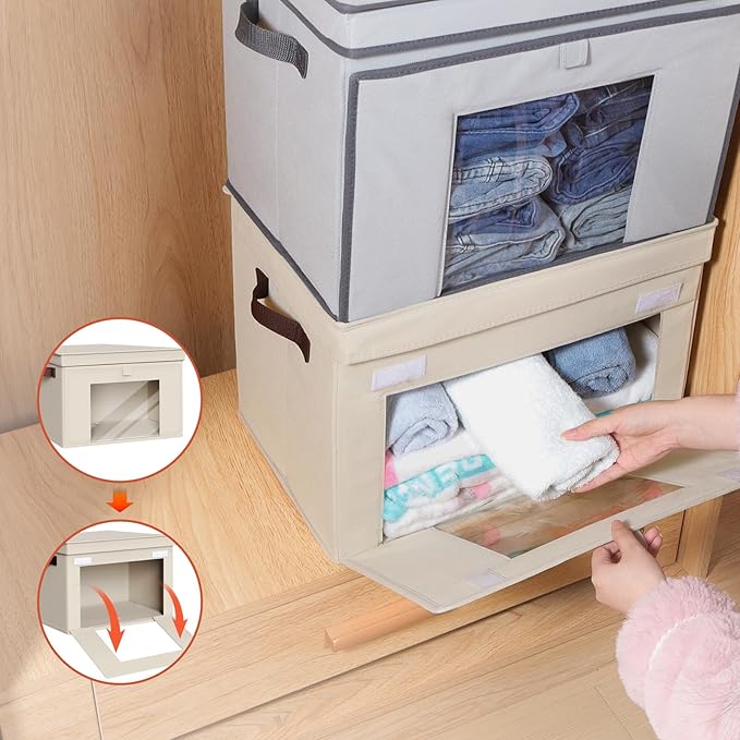 Univivi Storage Bins with Lids, Large Closet Organizers and Storage with Handles & Window, Foldable Fabric Storage Cubes with Lids for Home, Closet, Bedroom, 4 Pack, (Beige, 16.5“ x 12” x 12")