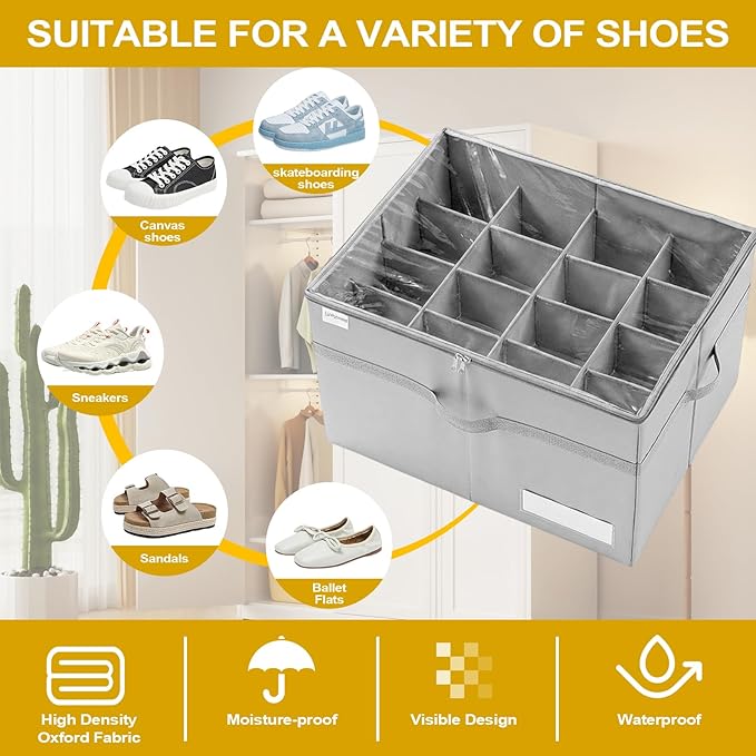 Shoe Organizer for Closet, Large Storage Box with 16 Compartments, Clear Vinyl Cover, Foldable, Heavy Duty, 21x16.5x13 Inches, Gray