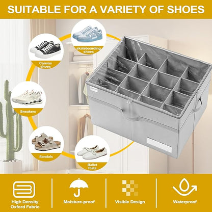 Shoe Organizer for Closet, Large Storage Box with 16 Compartments, Clear Vinyl Cover, Foldable, Heavy Duty, 21x16.5x13 Inches, Gray