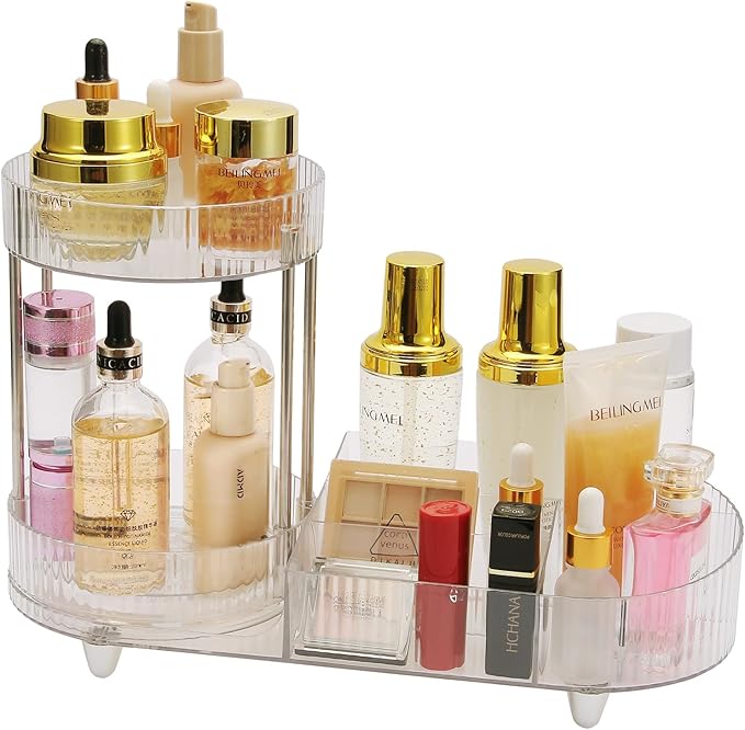Makeup Organizer Rotating Perfume Tray 5-compartment Cosmetic and Skincare Organizers Makeup Brush Holder for Bathroom Vanity Bedroom Counter Countertop (Transparent-Silver Foot Mat)