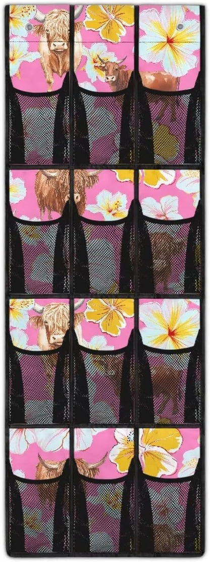 Over the Door Shoe Organizer Tropical Flower Yak 12 Breathable Mesh Pockets Behind the Door Storage Organizer Space Saving Hanging Storage Bag No Drill Door Rack for Shoes