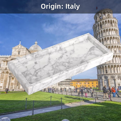 Marble Bathroom Vanity Tray, Natural Luxury Vanity Home Kitchen Bathroom Table Tray, Stone Decorative Countertop Dresser Trays for Key Coffee Perfume Jewelry Makeup (Carrara White, 12"x 5" x1.2")