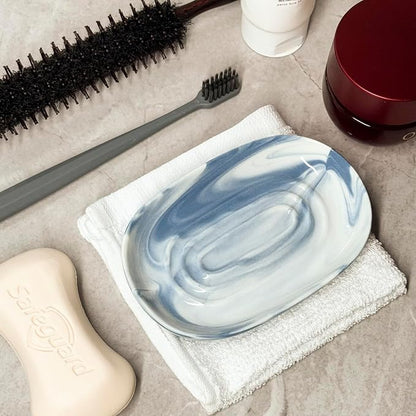 Ceramic Marble Pattern Soap Dish, Textured Raised Soap Saver Tray for Shower Bathroom Kitchen Sink Vanity, Easy to Clean Multi-Use Holder for Bar Soap Jewelry Rings Keys, Blue (1 Pack)