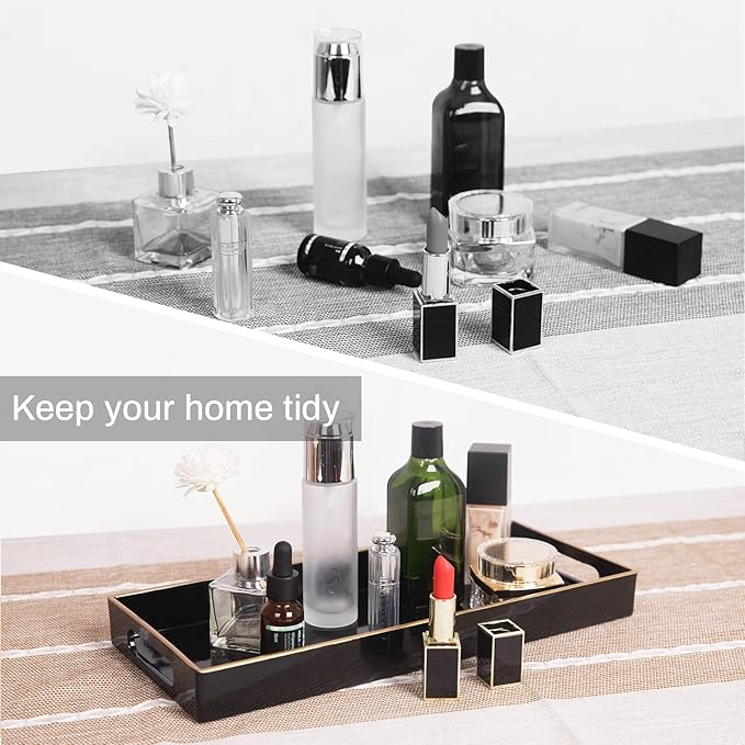 MAONAME Black Bathroom Tray, Plastic Vanity Tray, Narrow Countertop Trays with Handles, Perfume Organizer Trays for Dresser, Bathroom Accessories, 13.8" x 6" x 1.59"
