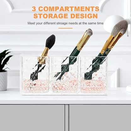 Makeup Brush Holder 3 Slots Acrylic Clear Hair Brush Holder with Pink and White Pearls, Makeup Organizer Brushes for Vanity Office and Bathroom