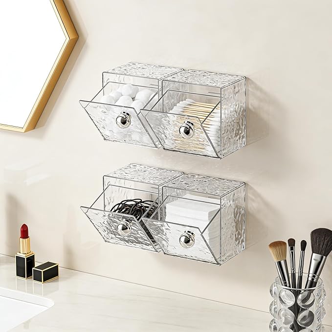 Qtip Holder Dispenser, Wall Mounted Plastic Cotton Pad Holder, Cotton Ball, Swabs, Floss, Makeup Organizers Containers for Vanity Bathroom (Clear, 4 Pcs)