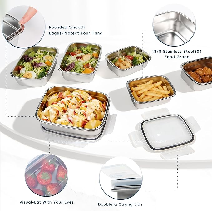 10PCS 304 Stainless Steel Food Storage Containers with Airtight Leakproof Lids, Stackable Bento Lunch Box for Meal Prep, Reusable Metal Containers, Oven/Dishwasher/Freezer Safe(31.5/21/14 Oz)