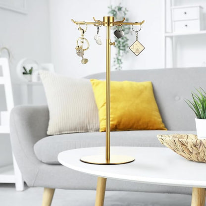 Rotating Keychain Display Stand - Height-adjustable Brushed Silver Metal Jewelry Organizer - Long Necklace Display Stand with 6 Hook - Scratch-resistant Display Racks for Craft Shows